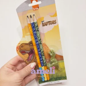 Set Raptors Brw: 3 lápices + goma Dino