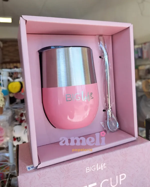 3 en 1: vaso, taza y mate + bombilla +tapa Big life rosa
