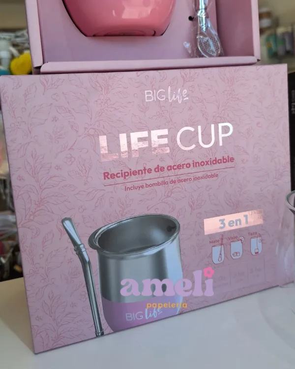 3 en 1: vaso, taza y mate + bombilla +tapa Big life rosa - Imagen 2