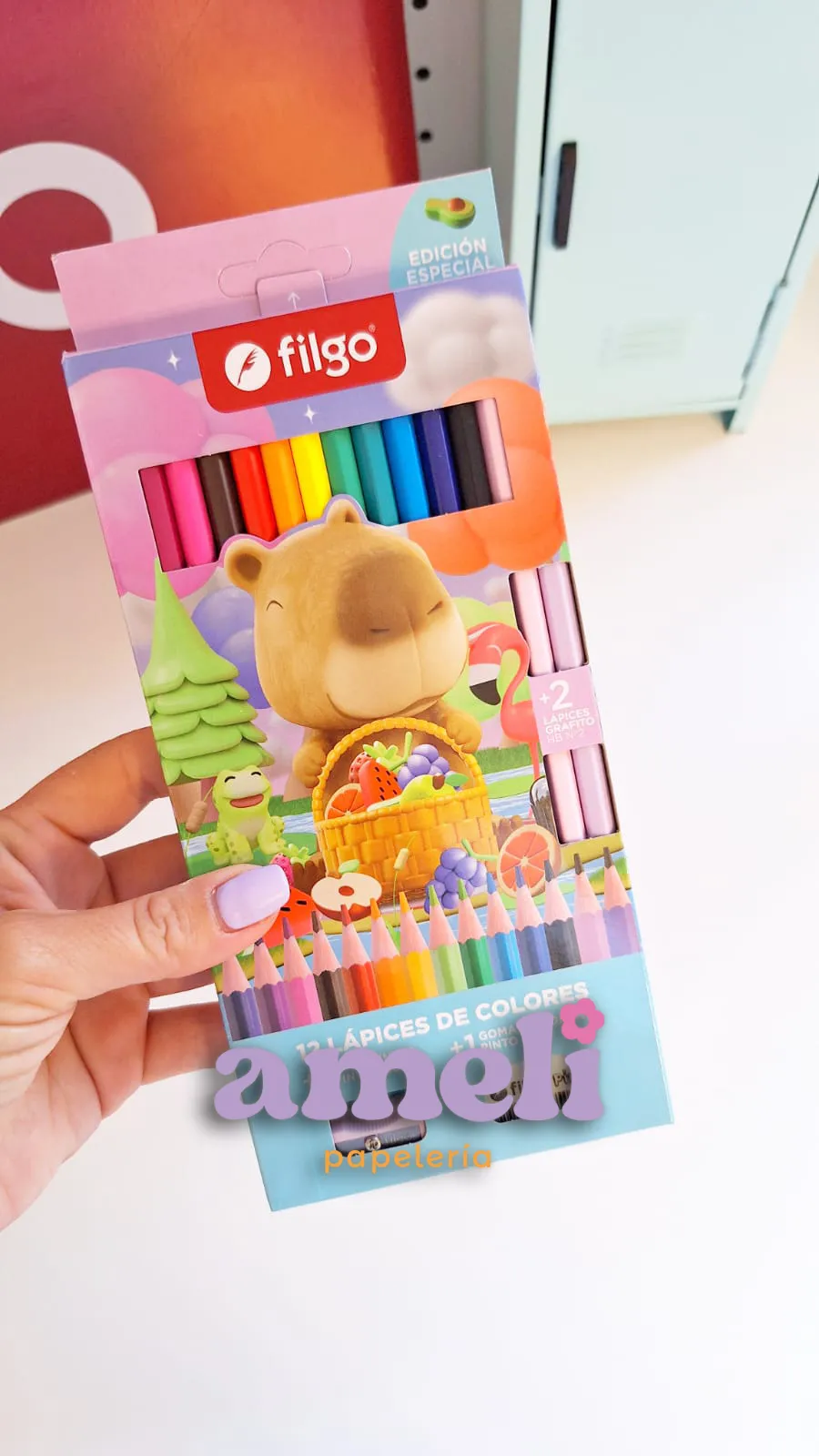 Set escolar Filgo 12 colores + 2 lápices + sacapuntas + goma capibara