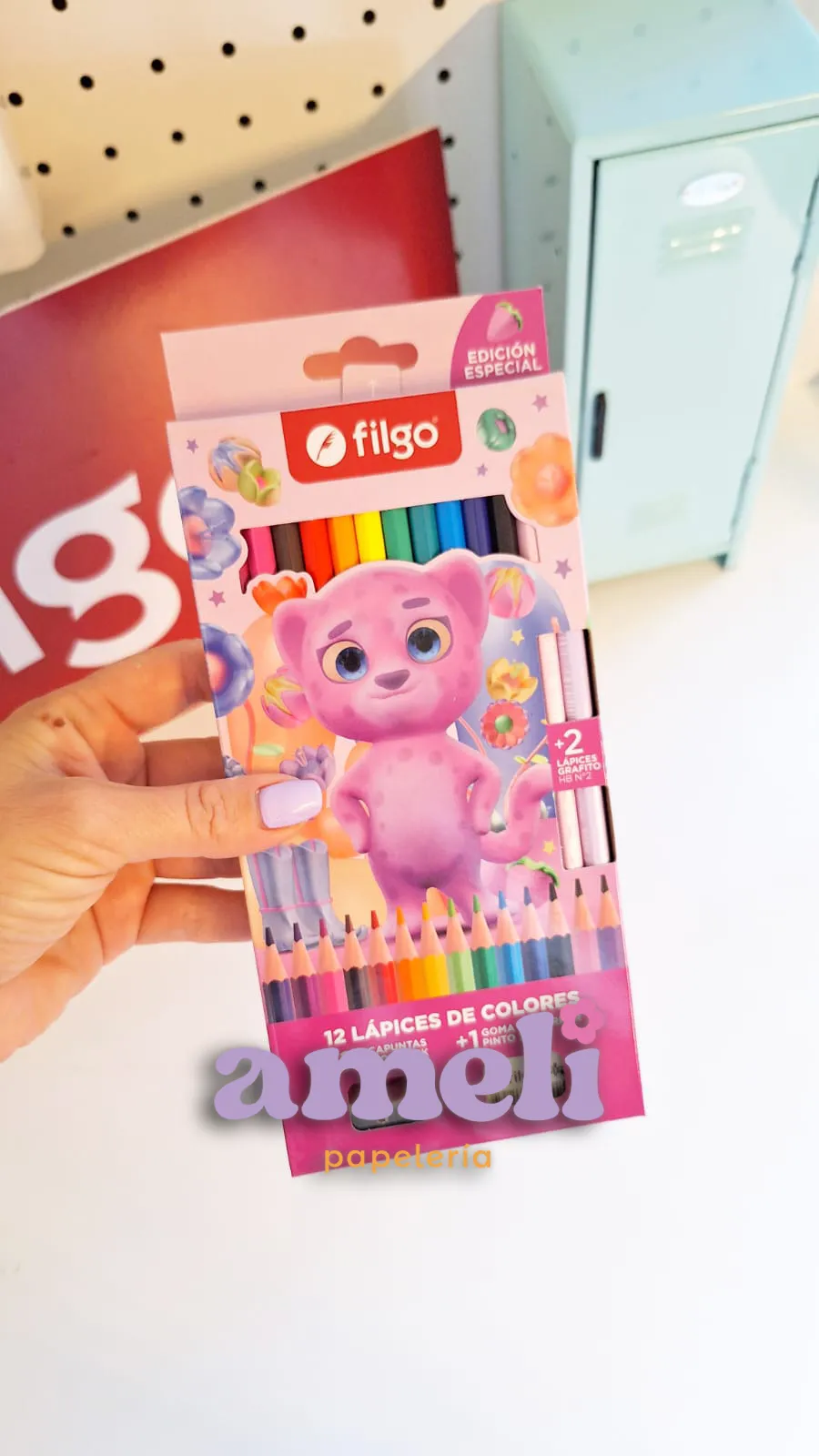 Set escolar Filgo 12 colores + 2 lápices + sacapuntas + goma gatito