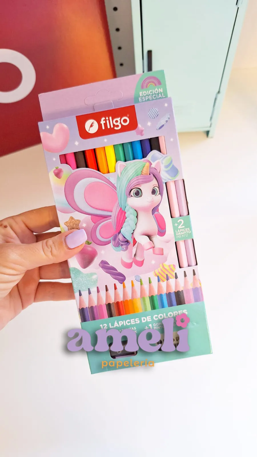 Set escolar Filgo 12 colores + 2 lápices + sacapuntas + goma unicornio